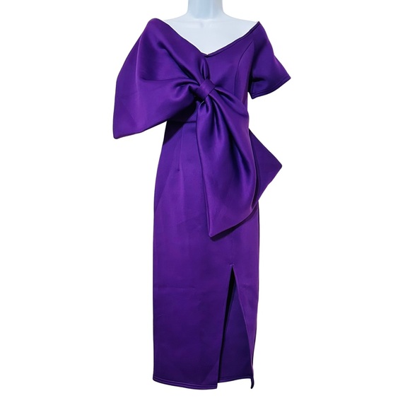 NWT Metamorphosis Girl Purple Off Shoulder Bow Detail Midi Dress Size M - Picture 2 of 9